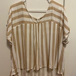 Monk & Lou Cream and Tan Striped V Neck Short Sleeved Blouse